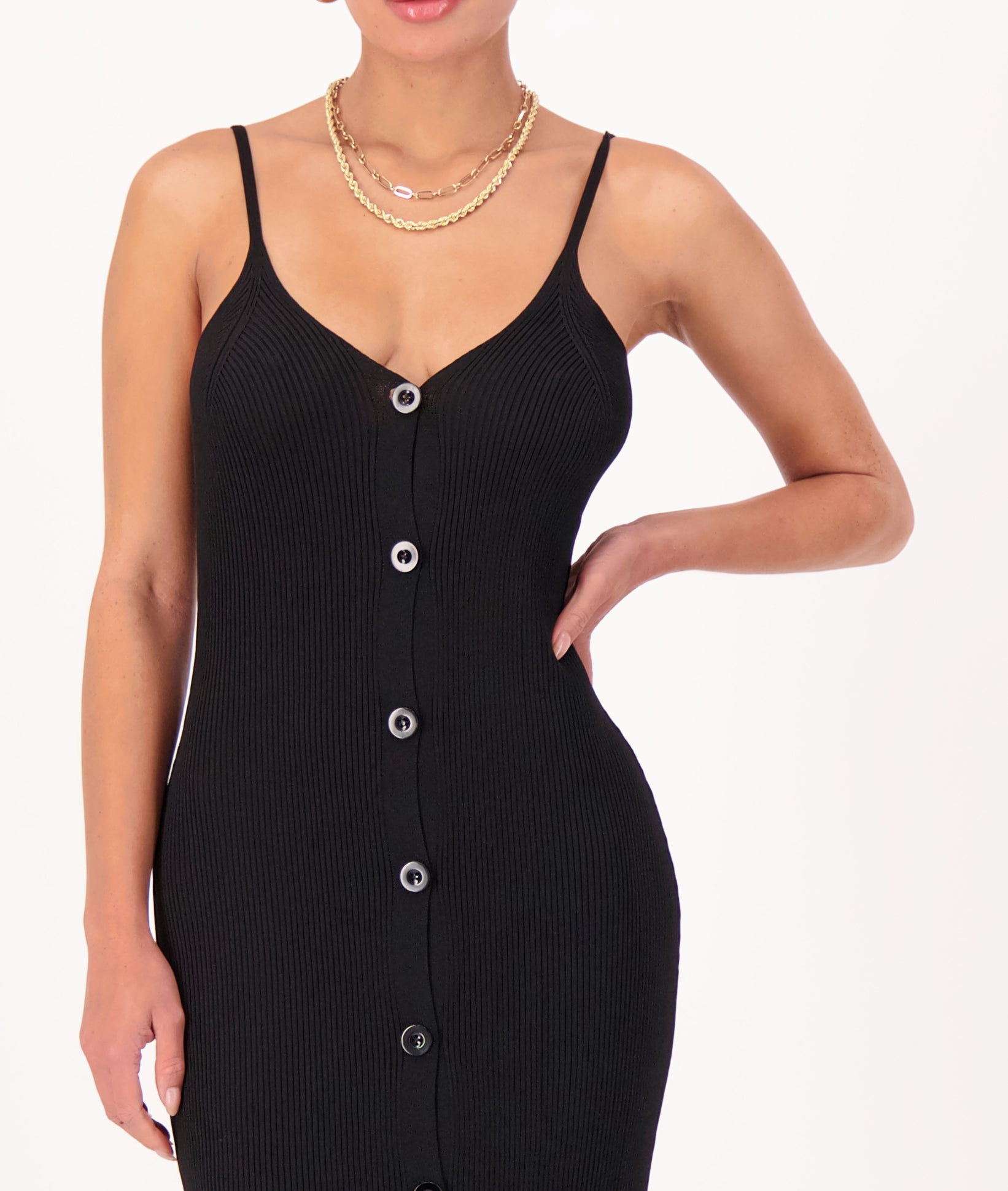 Ribbed Button Front Dress Black